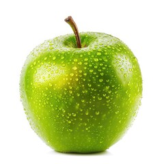 Fresh green apple covered in water droplets, isolated on white