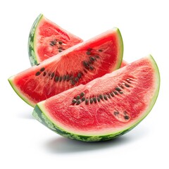 Three watermelon slices, vibrant red flesh, visible seeds