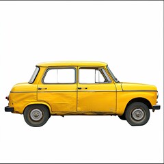 Side view of a vintage, weathered, yellow car