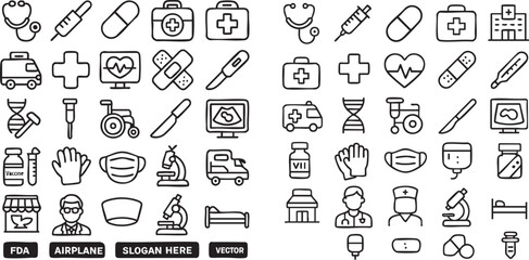 Naklejka premium Handdrawn medical and healthcare doodle icon set.