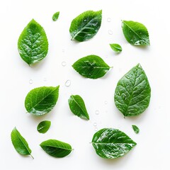 Fresh green leaves scattered on white background with water droplets