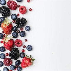 Vibrant assortment of fresh berries arranged in a vertical cluster against a white background