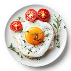 Fried egg topped with sliced tomatoes, fresh herbs, and seasonings on a plate