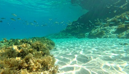 Fototapeta premium Sunlight filters through clear turquoise water, illuminating a shallow reef teeming with small fish and vibrant marine plants.