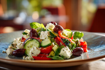 Savor this vibrant, fresh Greek salad bursting with ripe tomatoes, crisp cucumber, creamy feta, and Kalamata olives, a healthy and delicious choice.
