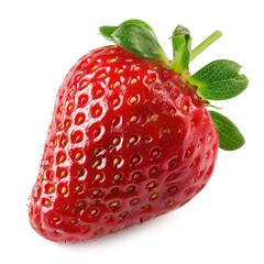 Single, vibrant red strawberry, whole, with green leaves and stem, isolated on white
