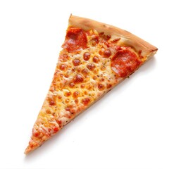 A triangular slice of pepperoni pizza against a white background.  Melted cheese, pepperoni, and crust are visible