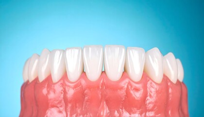 Obraz premium A detailed, low-angle shot of a dental model showing a full arch of perfectly white, straight teeth with pink gums against a vibrant blue background.