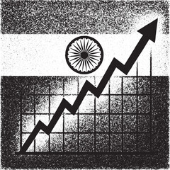 Black and white distressed India flag background with bold upward arrow chart, symbolizing financial growth, development, prosperity, progress, and positive economic trend.