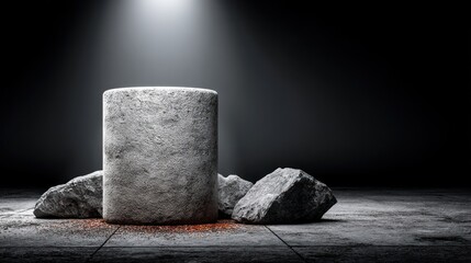 Gray cylinder rock pedestal on dark floor