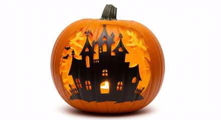 A halloween pumpkin carved with a haunted house design on a white background for holiday decor