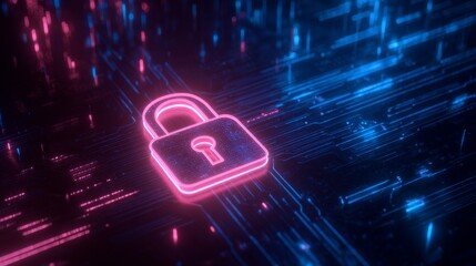 Cyber Lock Graphic Illuminated Among Blue and Pink Digital Lines