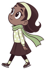 A cartoon of a young person ice skating, wearing a green headband, green scarf, light green polka‑dot sweater, brown skirt, black leggings, green socks, and ice skates, looking upward with large eyes.