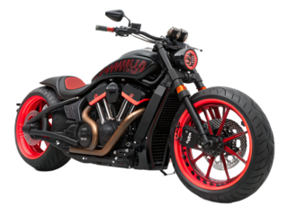 Aggressive and Stylish Custom Motorcycle with Black and Red Color Scheme on a Black Background for Stunning Automotive Imagery
