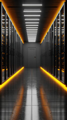 Fototapeta premium Sleek data center hallway with glowing orange lights and reflective floor, creating futuristic atmosphere