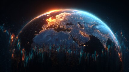 Global Planet View Enhanced with Tech Data Streams and Light Effects