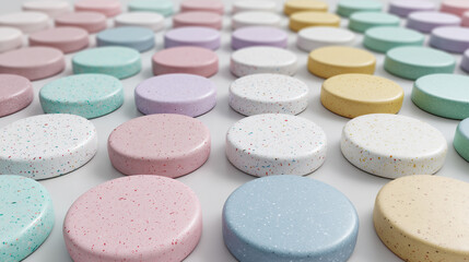 Rows of speckled pastel discs on white background round objects