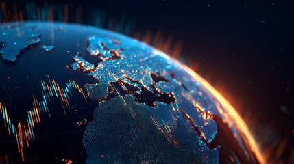 Futuristic Earth Globe with Digital Data Waves and Glowing City Lights