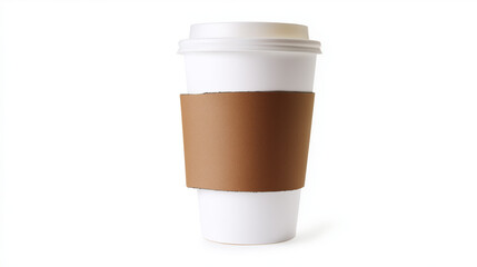 Paper takeaway coffee cup with brown sleeve, (clean modern detail, white isolated background
