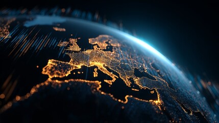 Futuristic Earth Globe with Digital Data Waves and Glowing City Lights