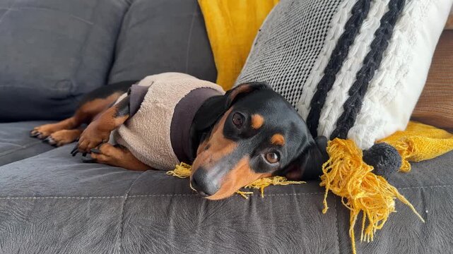 cachorro fofo duchshund descansa no sof&aacute; 
