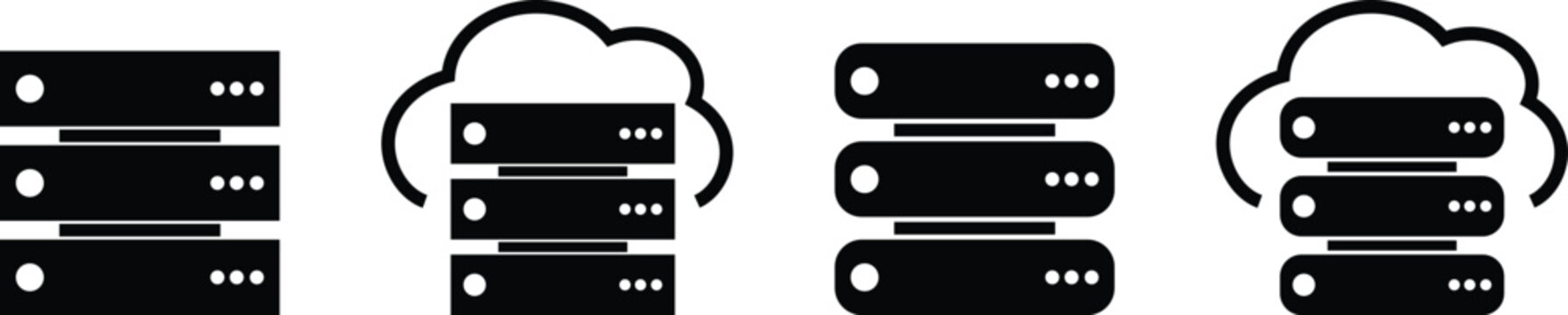 Set of server and cloud computing icons in black silhouette style. Vector design representing data storage, web hosting, cloud technology, database management, and network infrastructure.