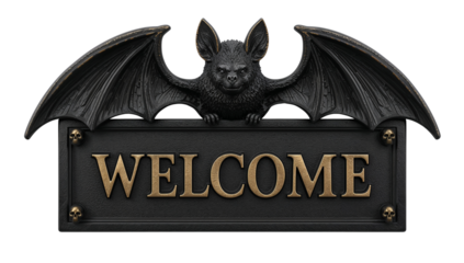 Creepy welcome: dark bat statue with welcome sign for halloween display