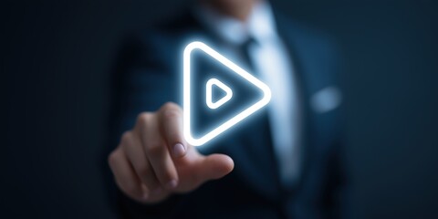 AI Video Creation – Professional Holding Glowing Play Icon, Representing Artificial Intelligence in Video Production, Digital Media, Content Creation, Entertainment, and Modern Technology Concept