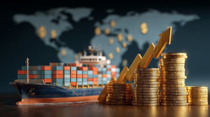 Fototapeta premium Cargo Ship and Gold Coins Representing Global Market Growth and Logistics