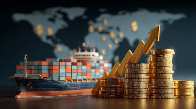 Cargo Ship and Gold Coins Representing Global Market Growth and Logistics