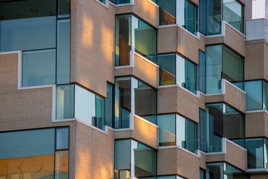 Facade of a modern building in domino style in &Oslash;restad, Copenhagen, Denmark.