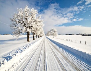 Obraz premium Snowy Road Leading Through Winter Landscape