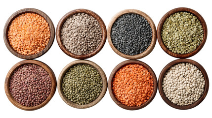 Flat lay of assorted lentils in wooden bowls arranged in grid on transparent background