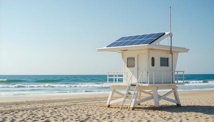 Obraz premium Futuristic lifeguard station solar roof seaside