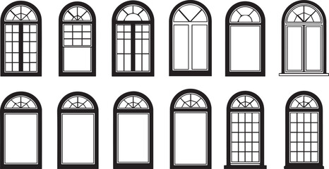 Collection of twelve black silhouette architectural windows with arched tops and varied designs arched window