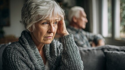 Sad Senior Woman Sitting Indoors with Distant Partner in Background