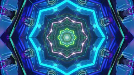An AI-generated abstract features vibrant concentric hexagons in green, blue, and purple hues - Powered by Adobe