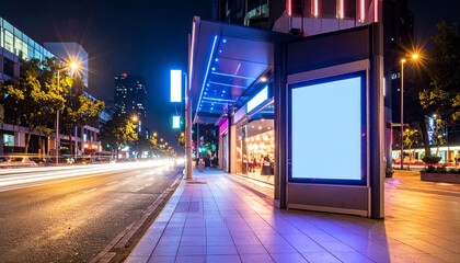 A blank illuminated advertising billboard at a modern bus stop on a city street at night with traffic light trails.