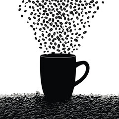 A black mug filled with coffee beans and more beans floating above and scattered below the mug image