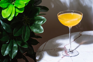 Monte Cassino, yellow alcoholic cocktail drink with whiskey, liqueur and lemon juice. Marble table in elegant lobby with greenery