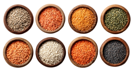Flat lay of assorted lentils in wooden bowls arranged in grid on transparent background