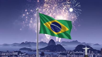Brazilian national flag waving proudly with fireworks above city skyline