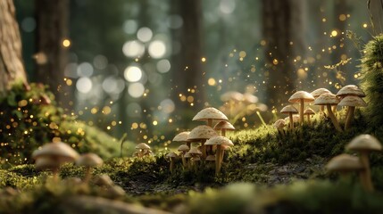神秘的な光が差し込む幻想的な森のキノコ