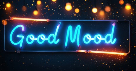 Bright neon sign displays Good Mood. Background features twinkling lights, dark wall. Positive vibes, stylish illumination.