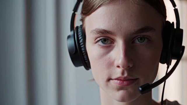 Front portrait of a woman with over-ear headset and microphone in soft window light &mdash; clean 4K slow-motion asset for support teams, virtual coaching and HR training.