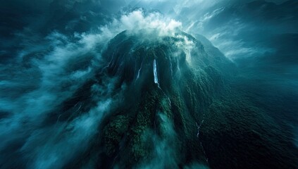 Dramatic aerial view of a misty mountain range with waterfalls
