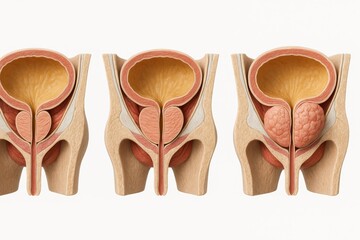 Comparative 3D render of male pelvis cutaway models: normal smooth prostate with open urethra, moderate enlargement narrowing lumen, severe nodular mass compressing urethra with thickened bladder wall