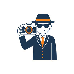 A cartoon character dressed neatly and wearing a hat with a camera, representing a photographer.