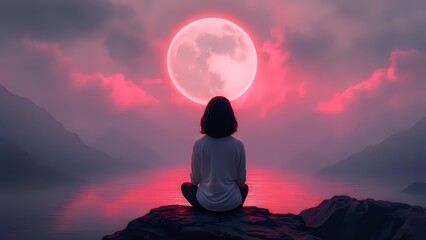 Large red moon rising behind silhouetted figure in atmospheric night scene