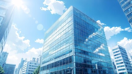 Modern glass office building reaching toward blue sky with white clouds